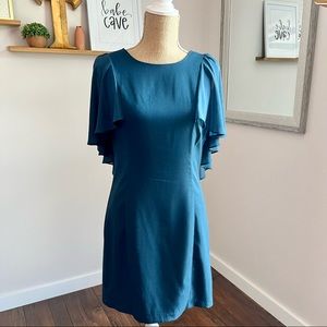 Teal Cape Sleeve Mini Sheath Dress